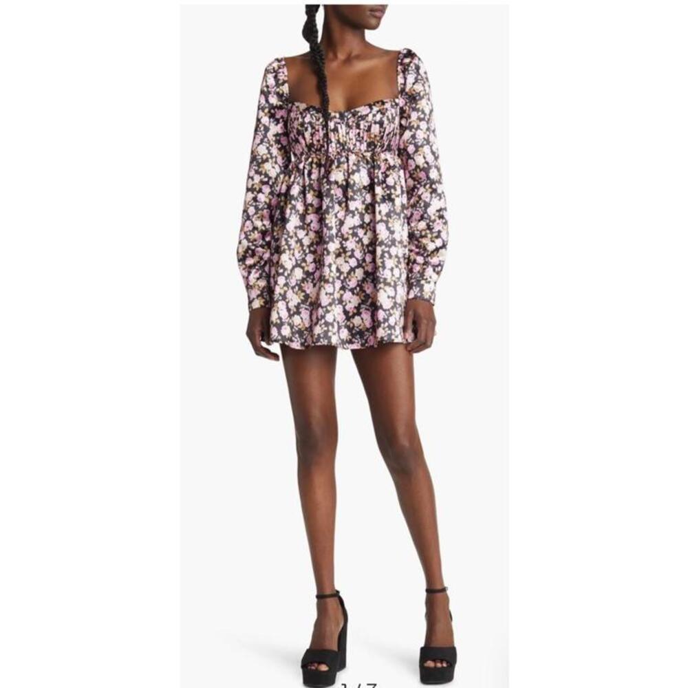New For Love and Lemons Kate Mini Dress Long Sleeve Black Floral S Y2K Babydoll